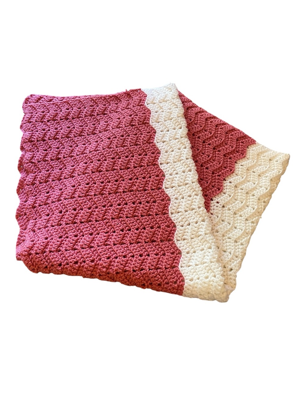 Beautifully Crafted Handmade Crochet Ripple Blanket - Rose Pink & White
